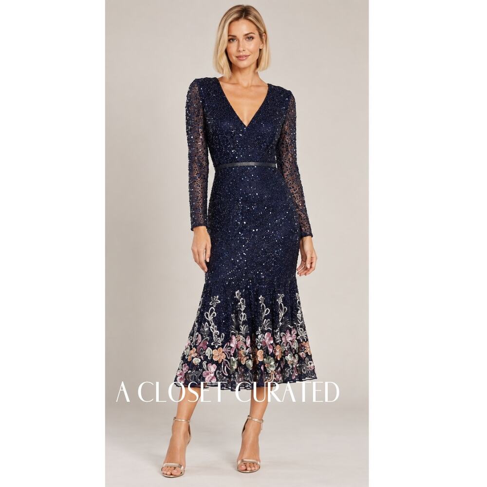 Mac Duggal Beaded Floral Midi Cocktail Dress 4 Blue NWt Style A5589